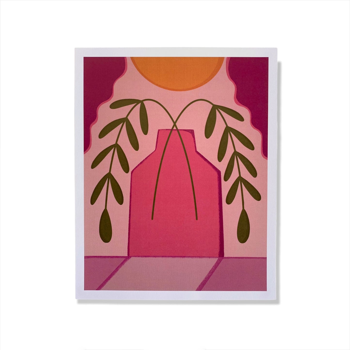 Colorful print of droopy plant in pink vase against a white background