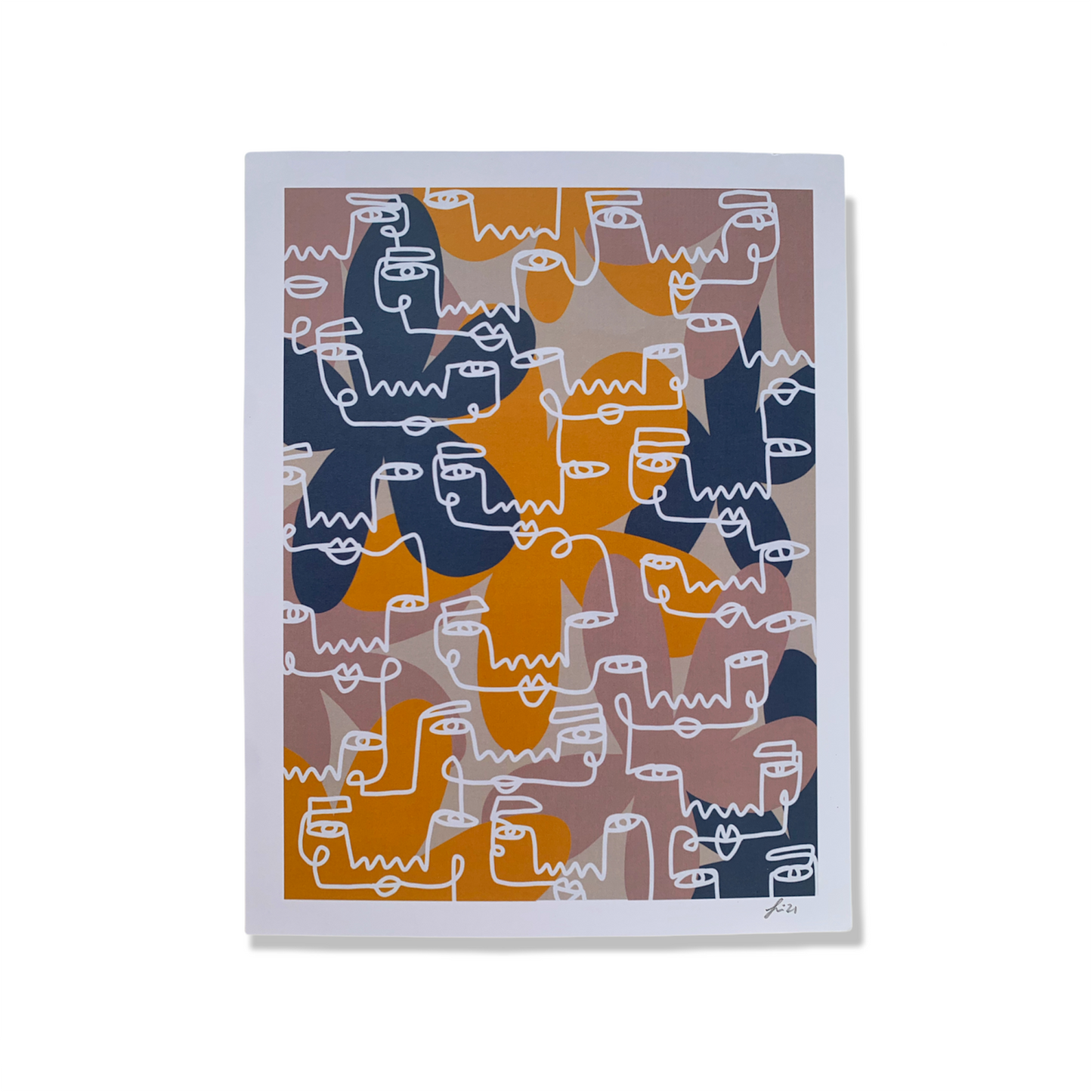 White single line abstract face print against white background