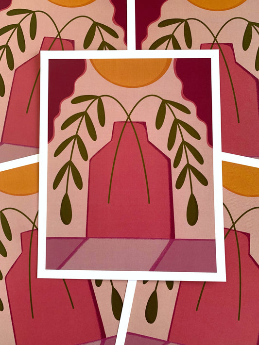 Spread of droopy plant in pink vase art prints