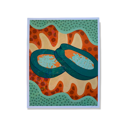 Holographic papaya print against white background