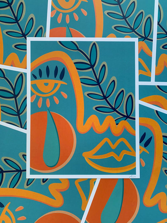 Spread of blue and orange abstract face prints