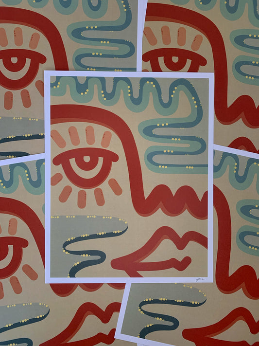 Spread of red and blue abstract face art prints