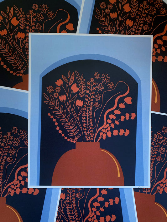 Spread of blue and pink abstract flower vase art prints