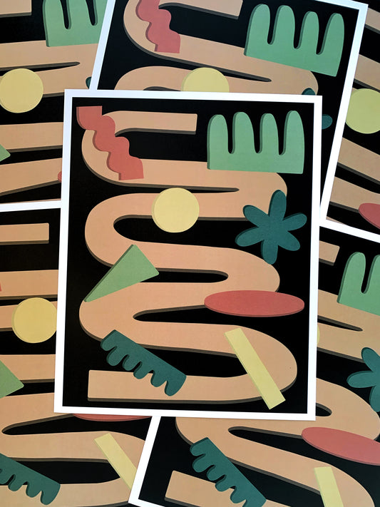 Art print spread of abstract colorful shapes on black paper