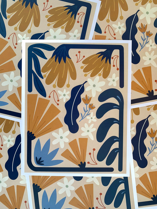 Spread of abstract blue and yellow flower prints