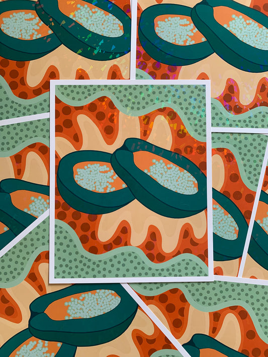 Spread of colorful holographic papaya prints