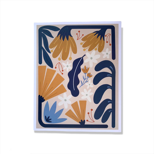 Art print of abstract blue and yellow flowers white blackground