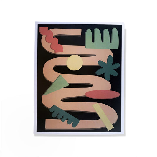 Art print of abstract colorful shapes on black paper on a white background