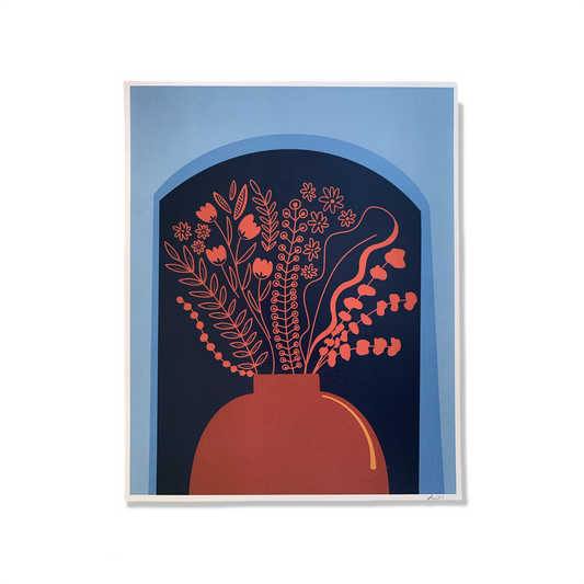 Blue and pink abstract flower vase art prints