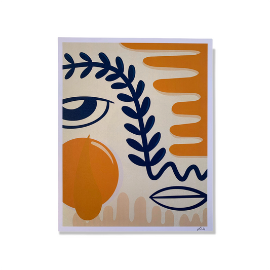 Art print of blue and yellow abstract face against white blackground