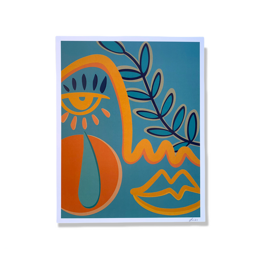 Blue and orange abstract face print against white background