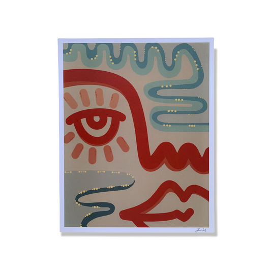 Red and blue abstract face print against white background