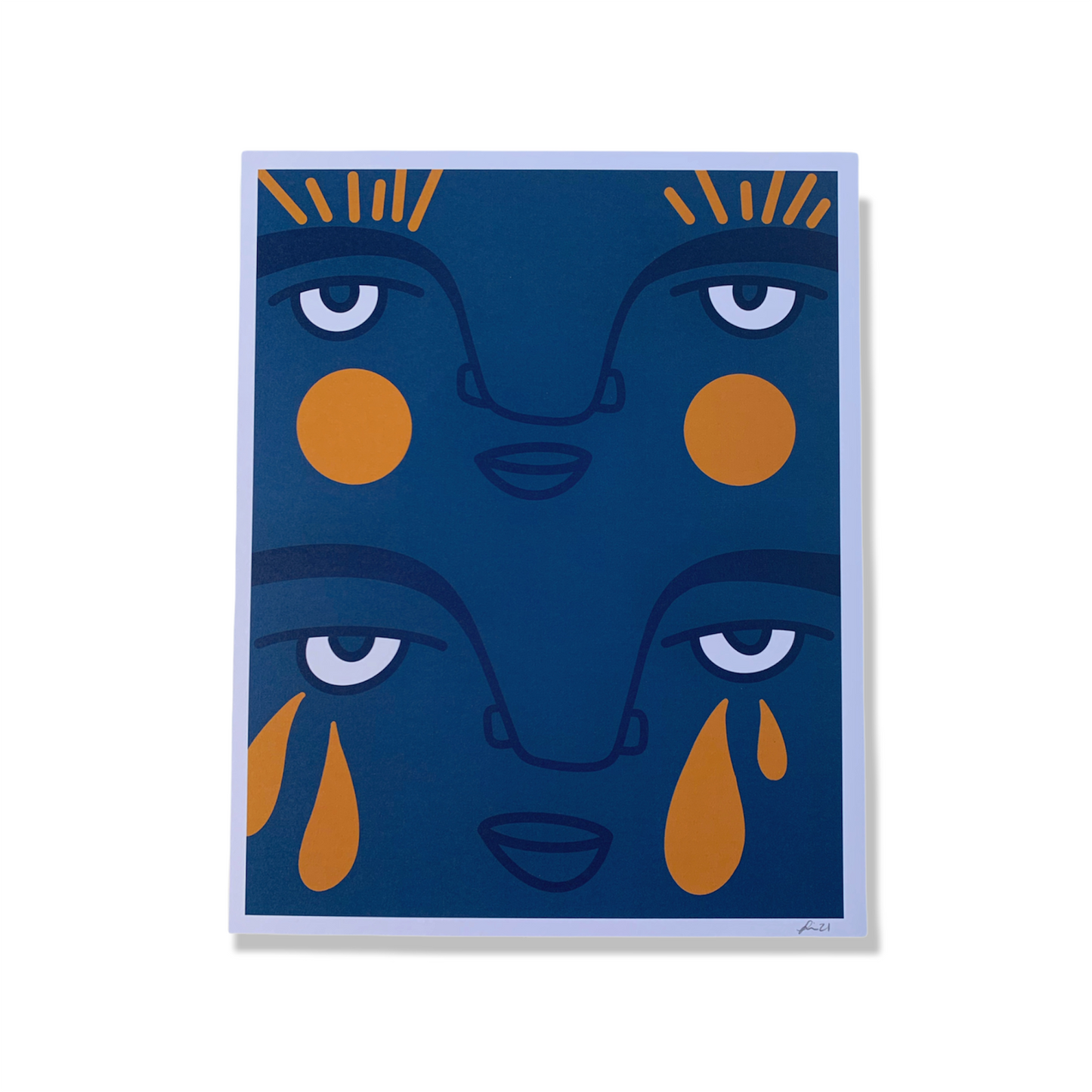 Blue and yellow abstract face art print against white blackground